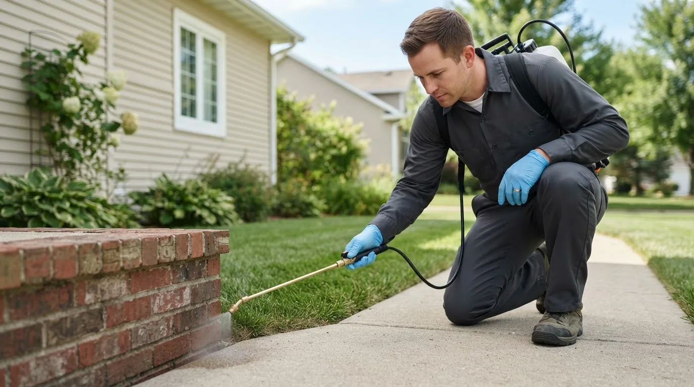 Pest control technician treating a home near Dodgeville, MI