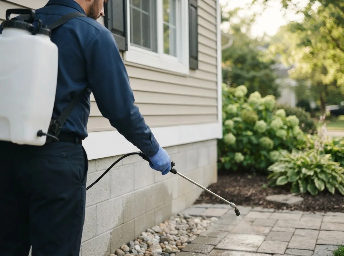 Pest control technician inspecting a home in Dodgeville, MI